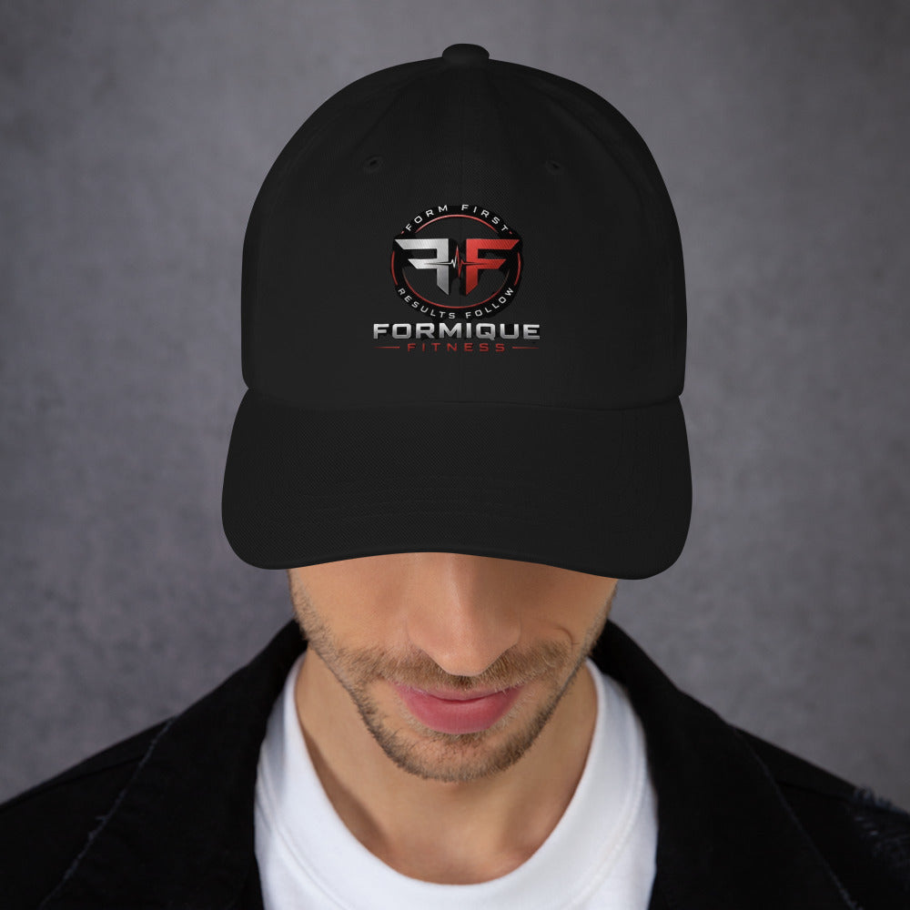 Black Formique Fitness dad hat with low profile, curved visor, and embroidered logo featuring "Form First Results Follow" text.