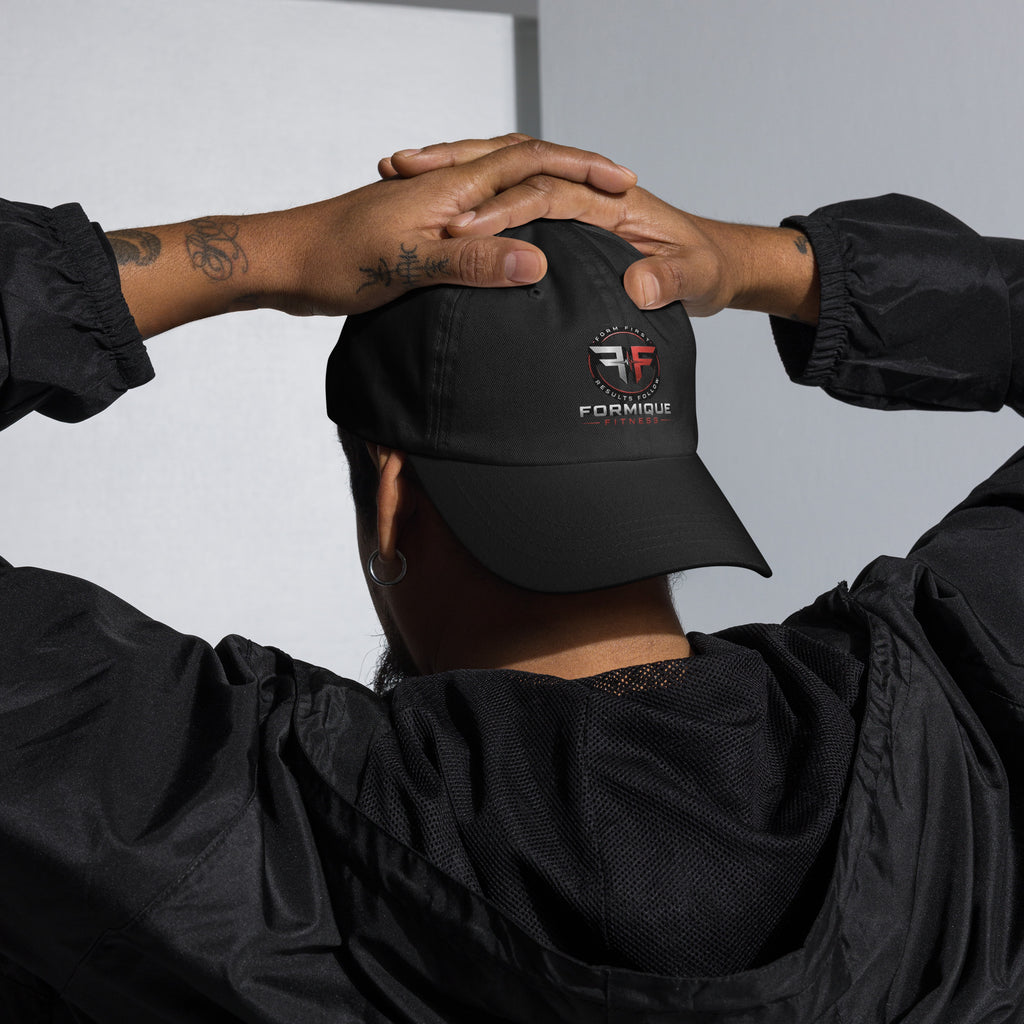 Black unstructured Formique Fitness dad hat with embroidered logo, low profile, curved visor, and adjustable strap.