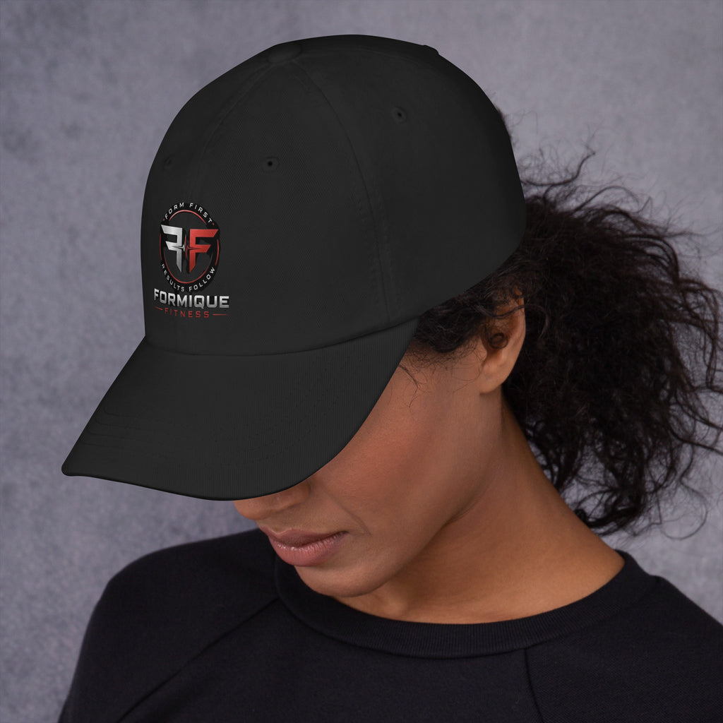 Black Formique Fitness low profile dad hat with curved visor and embroidered logo. Unstructured 6-panel design features adjustable strap and eyelets.