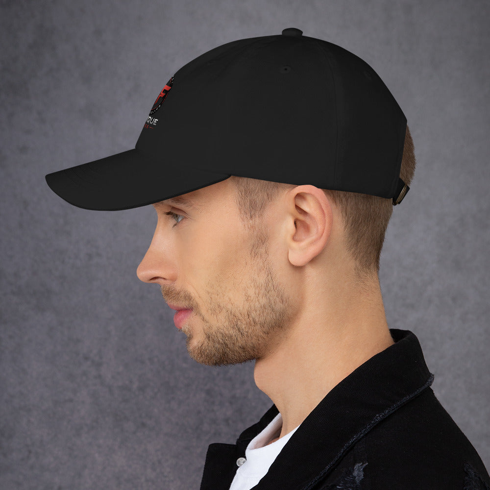 Black unstructured dad hat with curved visor and embroidered logo. Features adjustable strap, 6-panel low profile design, and eyelets.