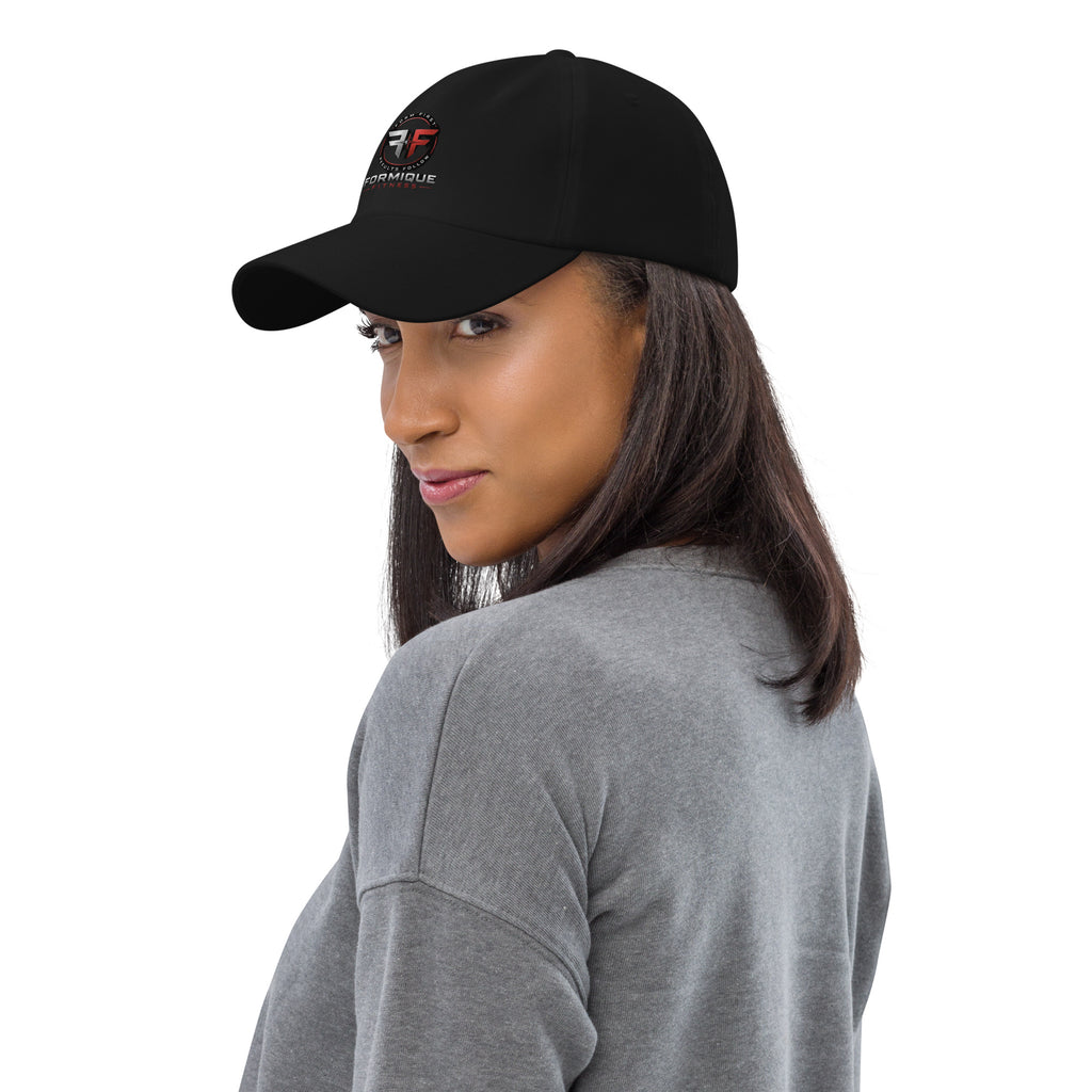 Black unstructured dad hat with curved visor and embroidered fitness logo, featuring adjustable strap and low profile design.