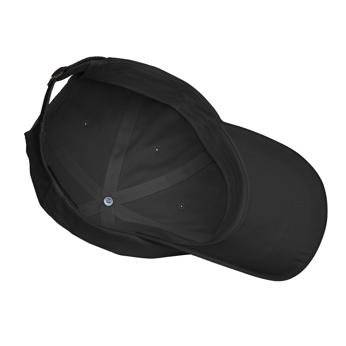 Black unstructured dad hat featuring an adjustable back strap, curved visor, embroidered eyelets, and a low profile design.
