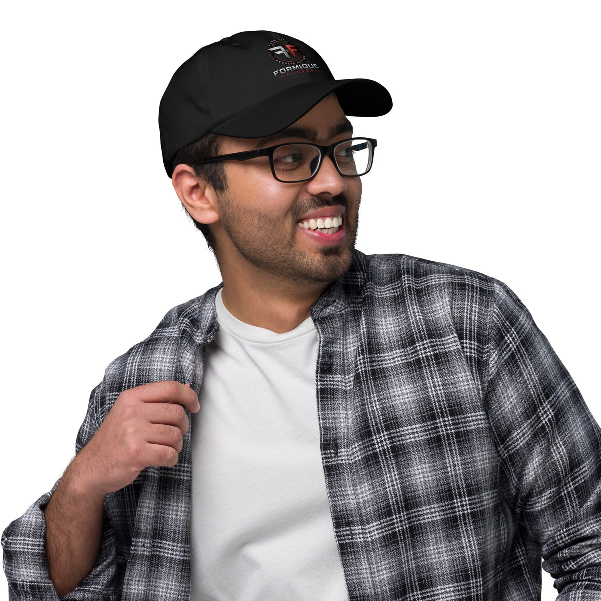 Man wearing black Formique Fitness dad hat with embroidered logo, low profile, curved visor, and adjustable strap