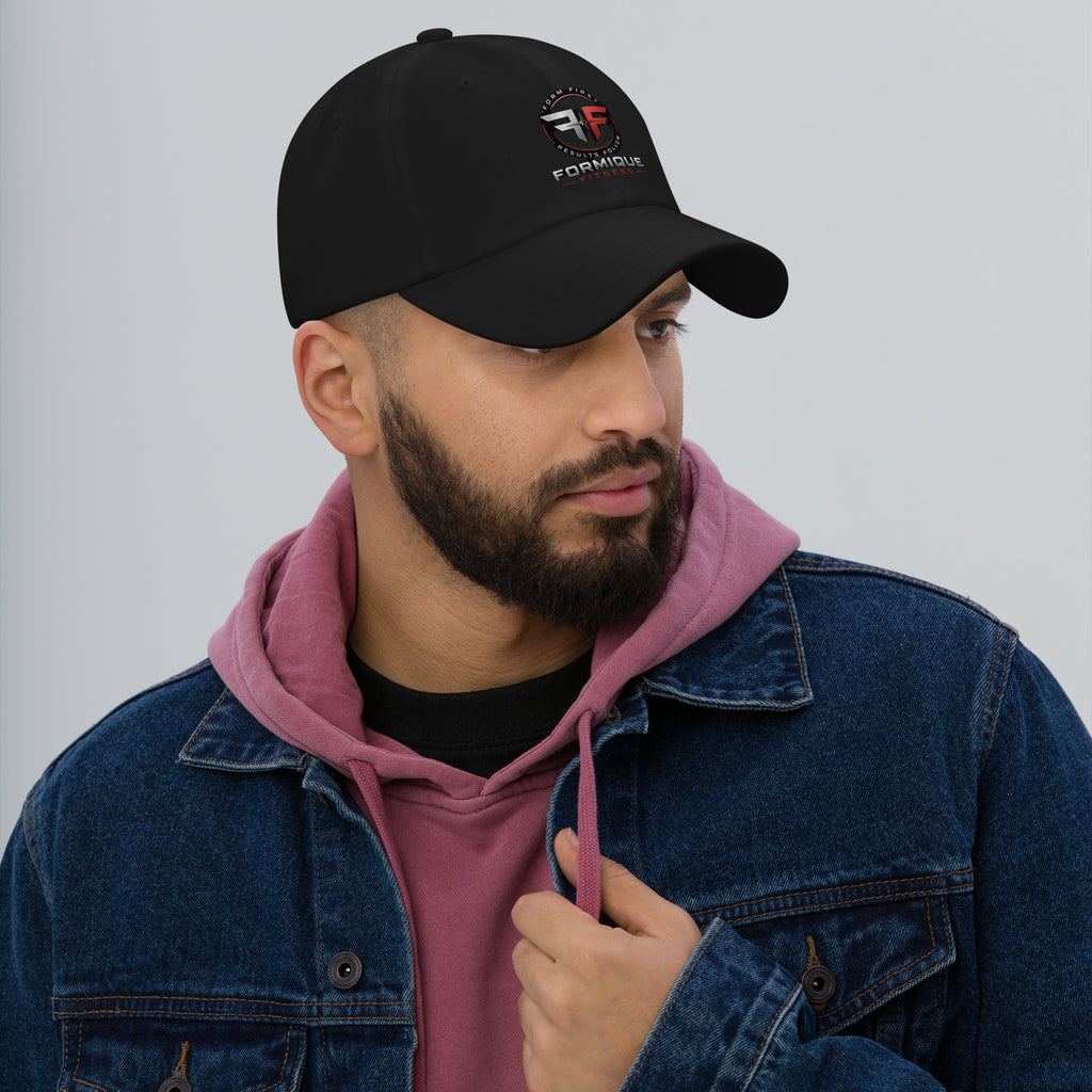 Black Formique Fitness dad hat featuring a low profile, curved visor, and front logo embroidery. Unstructured 6-panel design with adjustable strap.