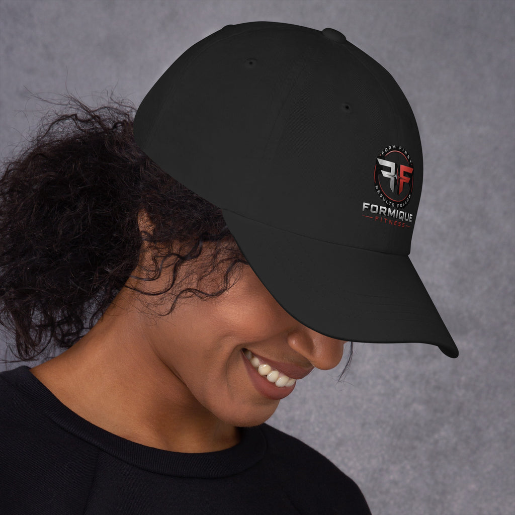 Black unstructured Formique Fitness dad hat featuring a curved visor, adjustable strap, and detailed embroidered logo on the front panel.
