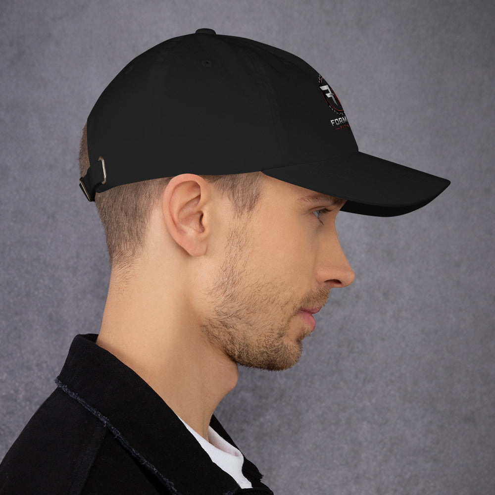 Black Formique Fitness low-profile dad hat with adjustable strap, curved visor, and embroidered logo on unstructured 6-panel crown.